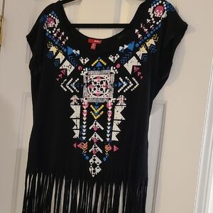 BONGO Black Top with Colorful Geometric Patterns and Fringe